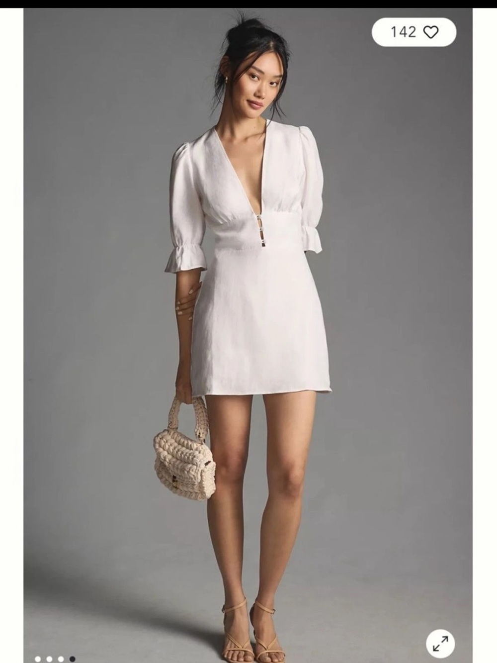 Reformation White Deep V-Neck Puff Sleeve Mini Dress